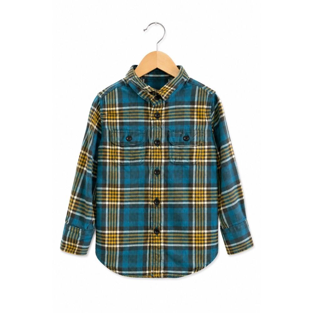 Crewcuts Boys Blue Yellow Plaid Flannel Button Down Shirt Cotton Size 3
